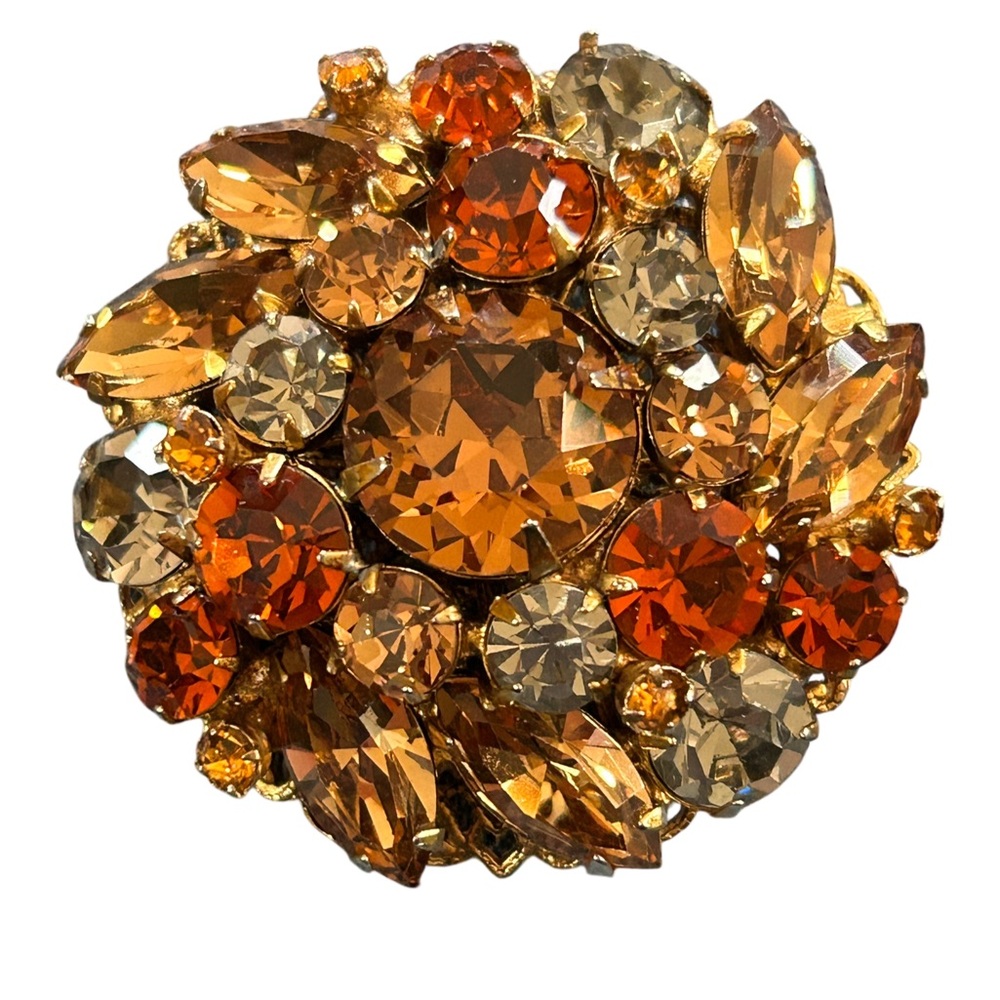 Vintage Regency Amber Topaz Rhinestone Brooch Domed Gold Tone Signed 1960s